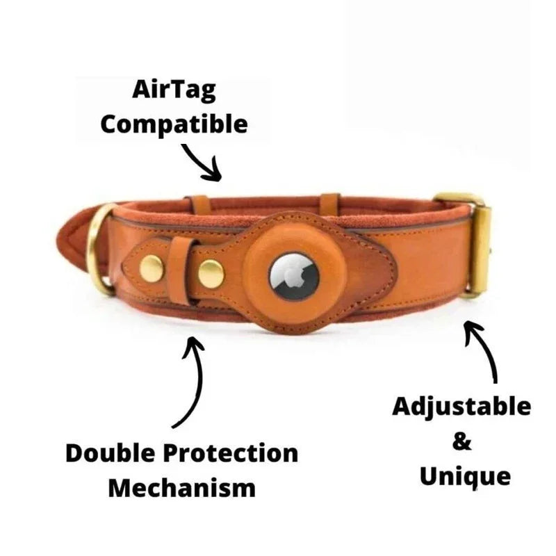 Airtag Holder Case Pet Dog Collar Leather Solid and Anti Loss Genuine Leather Airtag Heavy Duty Dog Collar